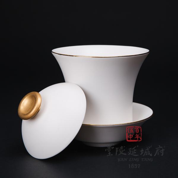 現代汝窯月白金帶蓋碗杯