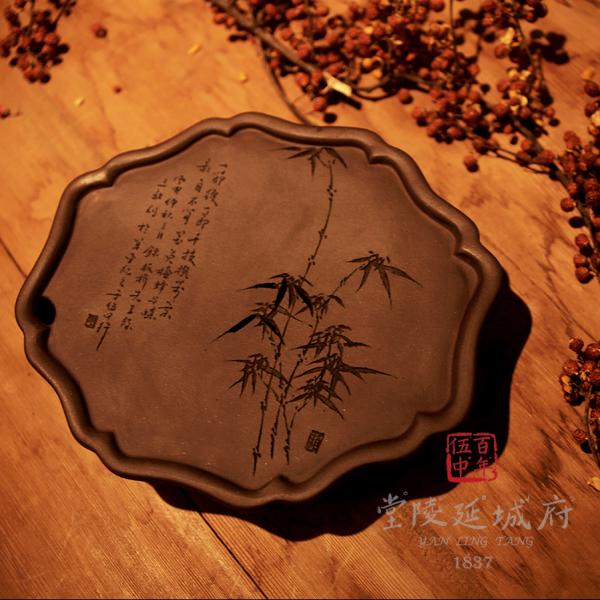 手工海棠葵型原礦紫砂壺承 - 竹款