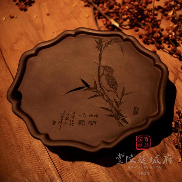 手工海棠葵型原礦紫砂壺承 - 鳥款 2