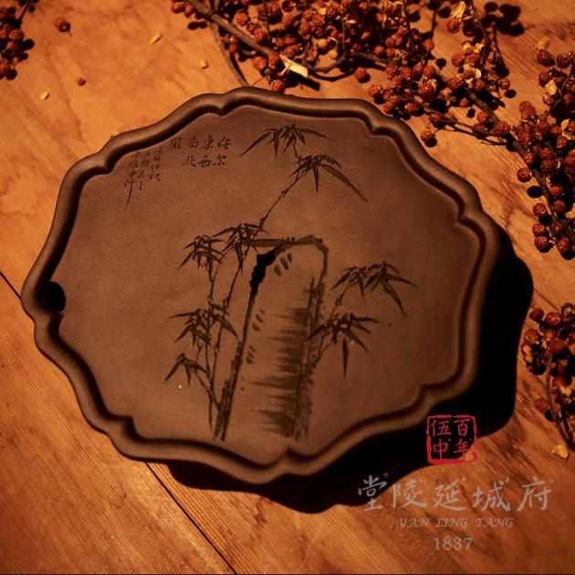 手工海棠葵型原礦紫砂壺承 - 竹款 2